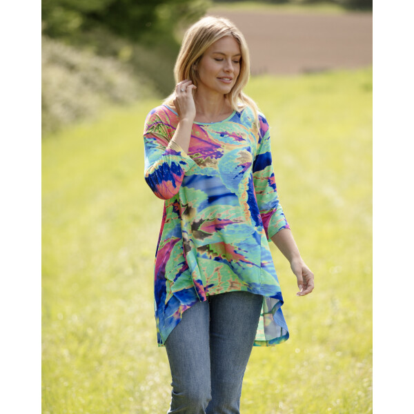 From My Mother's Garden Aqua Neon Leaves High Low Tunic made of a soft jersey fabric
