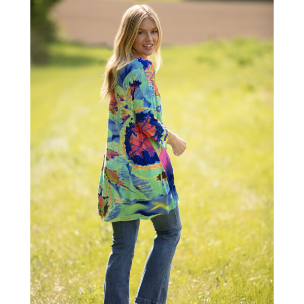 From My Mother's Garden Aqua Neon Leaves High Low Tunic made of a soft jersey fabric