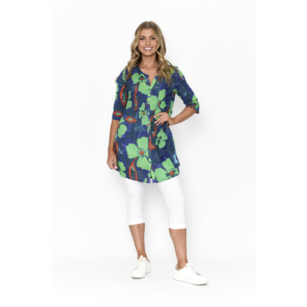 One Summer Alison Tunic top in Navy & Turquoise made of a soft crinkled cotton which is nice an light for the hot summer's sun