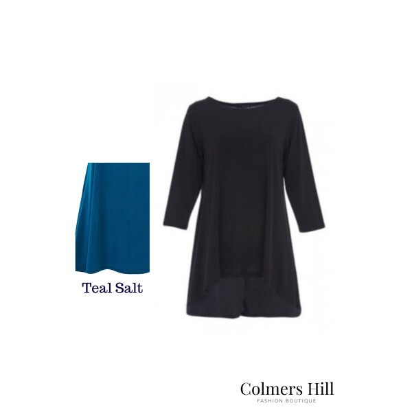 Kozan Dima Hi-Low Tunic in Teal Salt – jersey tunic with 3/4 sleeves and hi-low hem, Style VG-4626