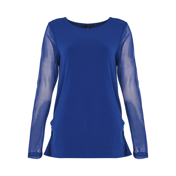 Kozan Mia Top in Cobalt Blue – sheer sleeve scoop neck layering top with lined torso, Style SH-4140