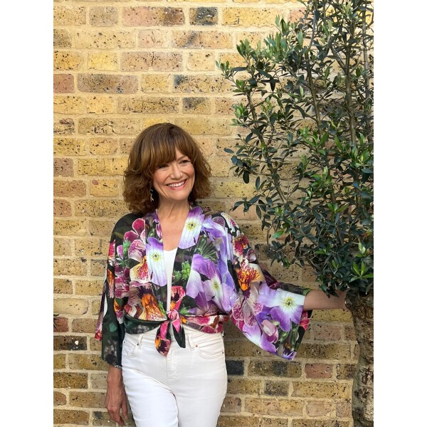 From My Mother's Garden Pansy Pop Short Kimono made of a lightweight, sustainable fabric