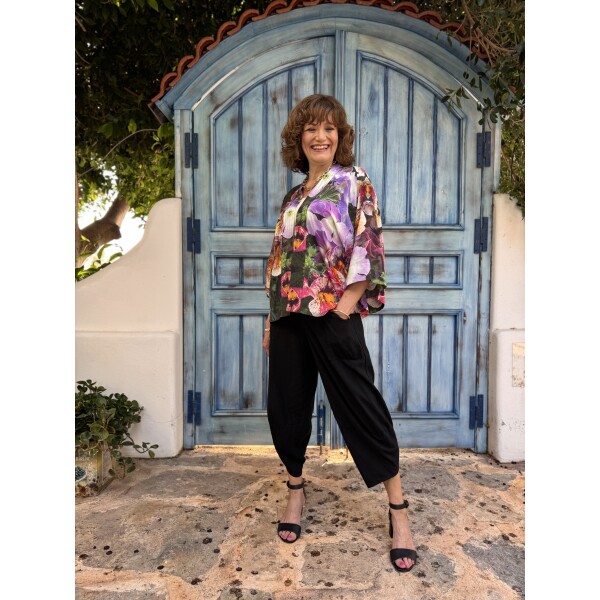 From My Mother's Garden Pansy Pop Short Kimono made of a lightweight, sustainable fabric