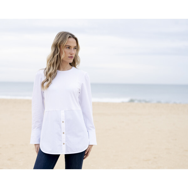 Front view of Marble White Shirt Top 8147-102 with button detail and long sleeves