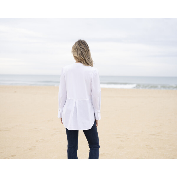 Back view of Marble White Shirt Top 8147-102 with button detail and long sleeves