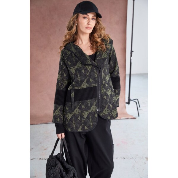 Naya Jacquard print jacket with angled zip and ribbed panels in Black and Forest Green NAW25188