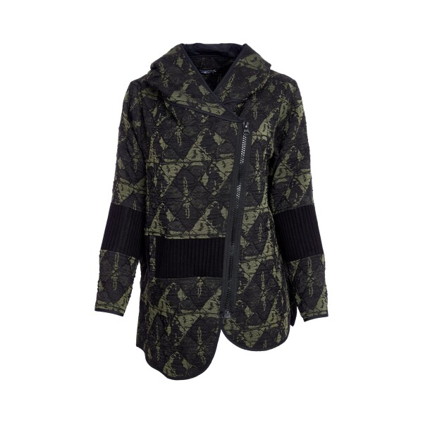 Naya Jacquard print jacket with angled zip and ribbed panels in Black and Forest Green NAW25188