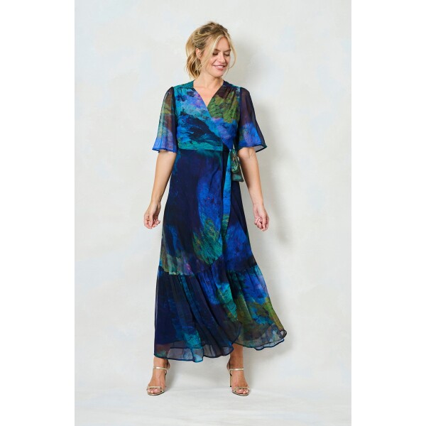 Hope & Ivy Jacqueline wrap maxi dress in blue and green chiffon with flutter sleeves and tie waist – occasionwear UK