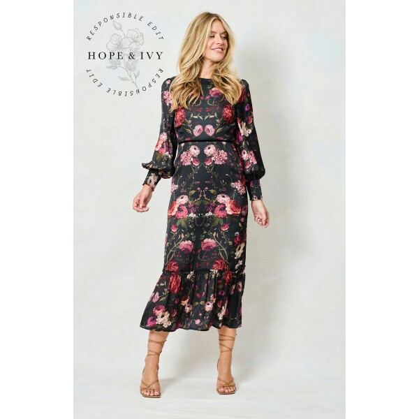 Hope and Ivy Holly satin Midi dress in a beautifully elegant floral and foliage print