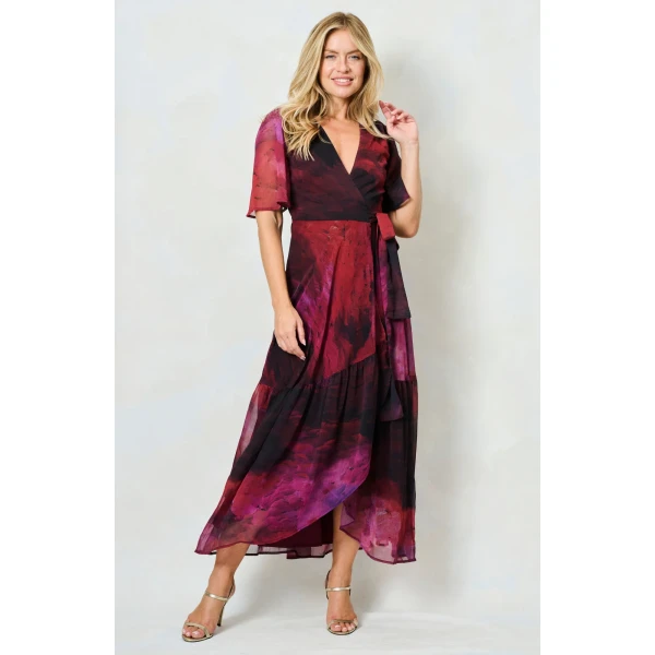 Hope & Ivy Gaia maxi wrap dress in purple with abstract print, flutter sleeves and tie waist – elegant occasionwear UK