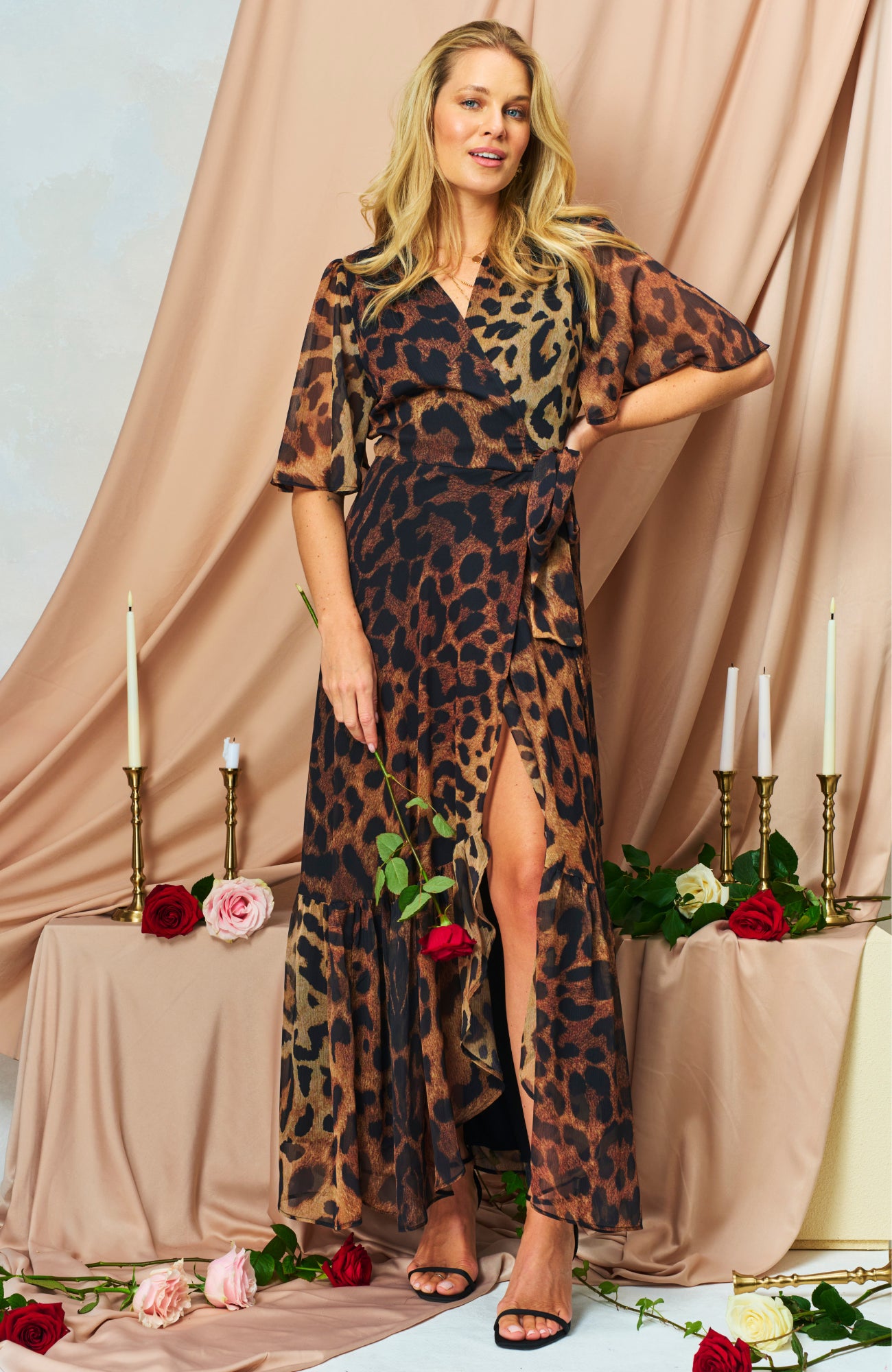 Hope & Ivy Lexi wrap maxi dress in leopard print chiffon with flutter sleeves and tie waist – occasionwear UK
