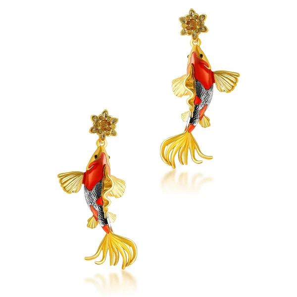 Suspended from a gold-plated lily pad, these Koi Carp drop earrings are quite spectacular. Beautifully crafted, the Koi Carp earrings are designed in England