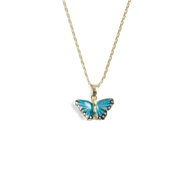 A charming blue butterfly enamel pendant necklace.  Brilliant butterfly wings meticulously hand-painted in vibrant shades of blue and black enamel.