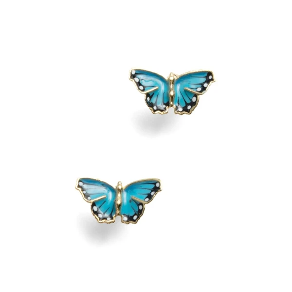 Charming blue butterfly enamel stud earrings. Brilliant butterfly wings meticulously hand-painted in vibrant shades of blue and black enamel.