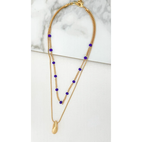 Envy Jewellery short gold double layer necklace with blue crystals and a chunky pebble pendant 4071/GD/N/H