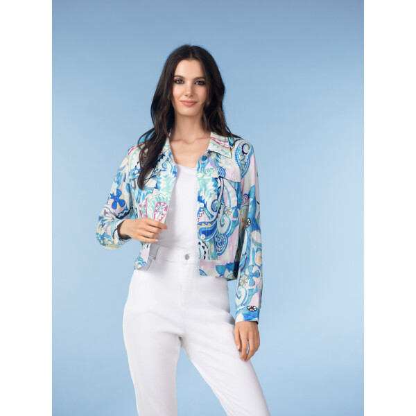 Alison Sheri Blue Print Linen Cropped Jacket A47185
