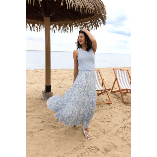 Bring colour and movement to your wardrobe with the Alison Sheri Blue & Lemon Pleated Tiered Skirt. Designed with a soft, flowing silhouette, this statement skirt showcases