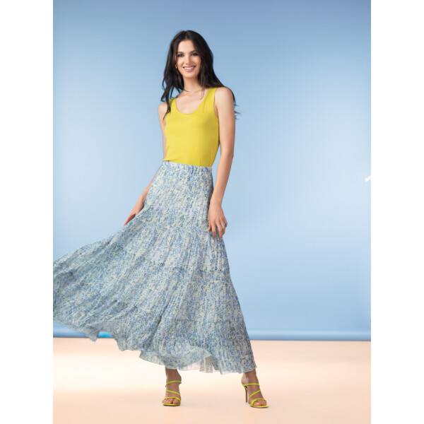 Bring colour and movement to your wardrobe with the Alison Sheri Blue & Lemon Pleated Tiered Skirt. Designed with a soft, flowing silhouette, this statement skirt showcases