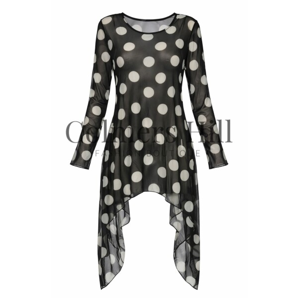 Kozan Mandy Tunic in the spotty black and white Dalmatian print. Made of a fine mesh fabric, it is semi-sheer