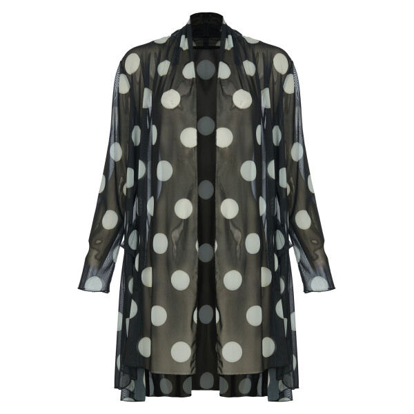 Kozan Maris Mesh Jacket Dalmatian SH-2855 black sheer longline jacket with ivory spot print