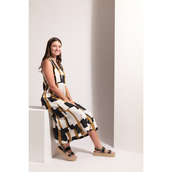 100% linen summer midi dress Art Box print