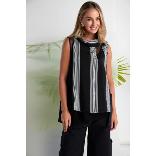 Bring striking contrast and modern structure to your wardrobe with the Naya Stripe Top With Cut Away Collar in Black and White.