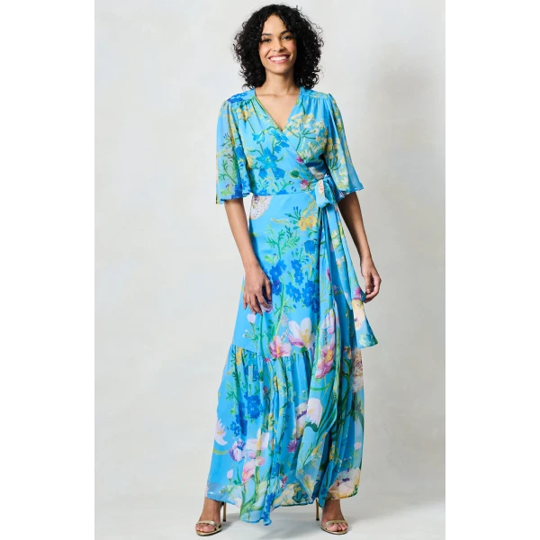 Blue multi floral wrap maxi dress with tie waist and flowing skirt