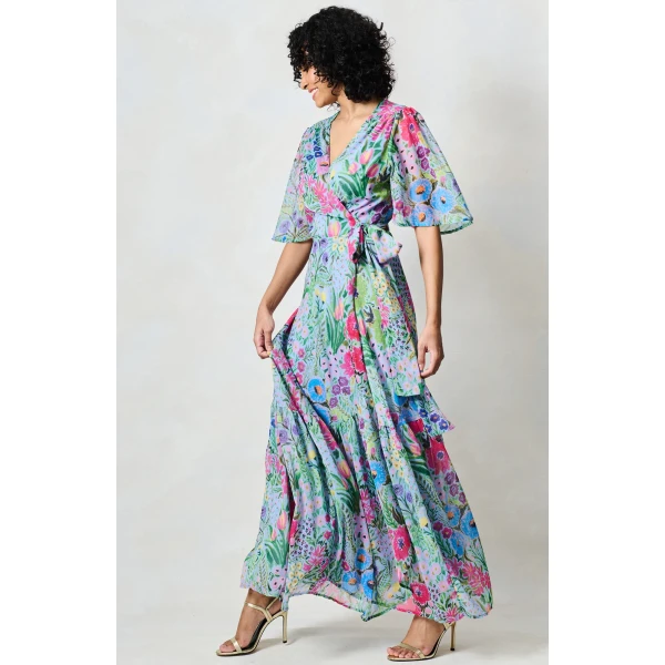 Ember blue and pink floral wrap maxi dress with tie waist