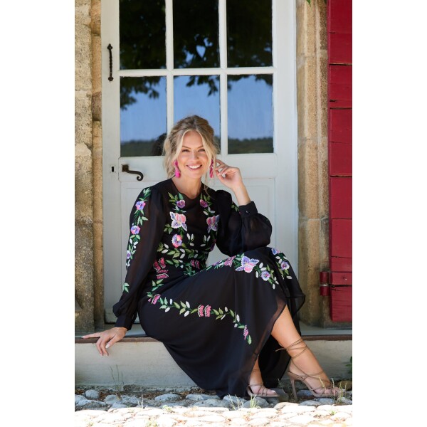 Embroidered black maxi dress with floral embroidery and high neckline