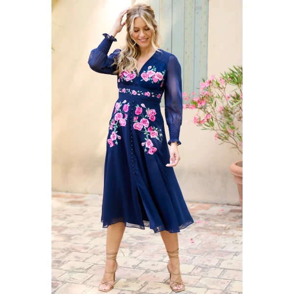 Hope and Ivy embroidered midnight blue midi dress with long sleeves