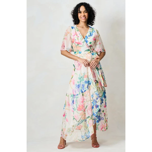 Hope and Ivy cream floral wrap maxi dress with flutter sleeves