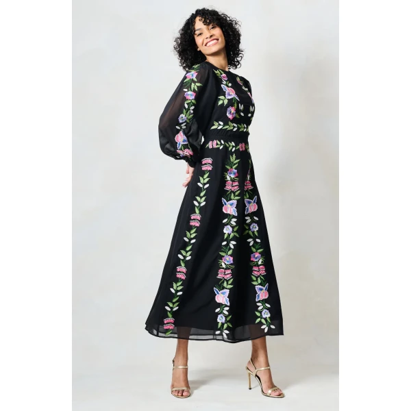Hope and Ivy Beth embroidered black maxi dress with long blouson sleeves