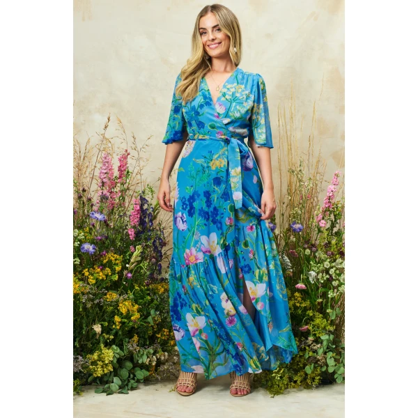 Elegant blue floral maxi dress with flutter sleeves and wrap silhouette