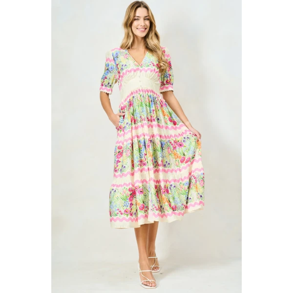 Hope and Ivy Larysa cream floral tea dress with puff sleeves