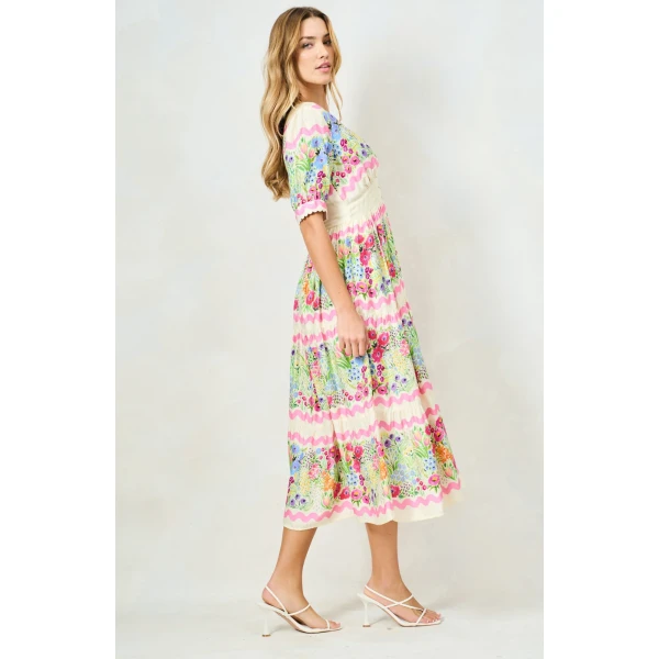 Hope and Ivy Larysa cream floral tea dress with puff sleeves