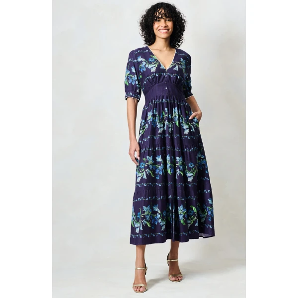 Ramona navy tea dress with full skirt and floral print