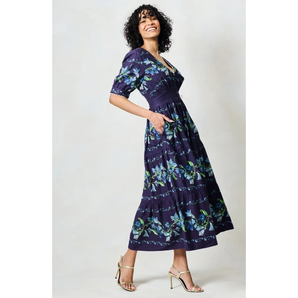Midnight blue floral tea dress with flowing skirt