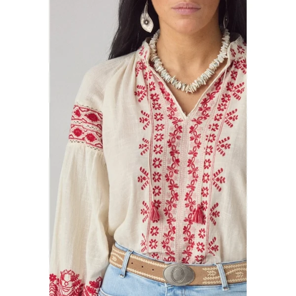 Maison Hotel Antonella blouse red cranberry embroidery front view