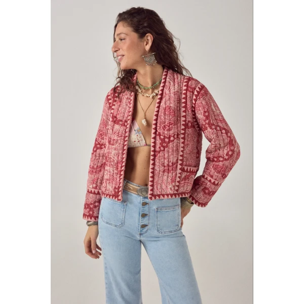 Maison Hotel Sujata quilted jacket red block print front view