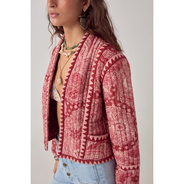 Lightweight quilted jacket styled with high waisted denim