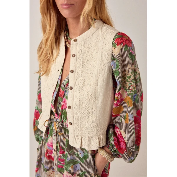 Cropped cotton waistcoat wooden buttons ruffle hem detail