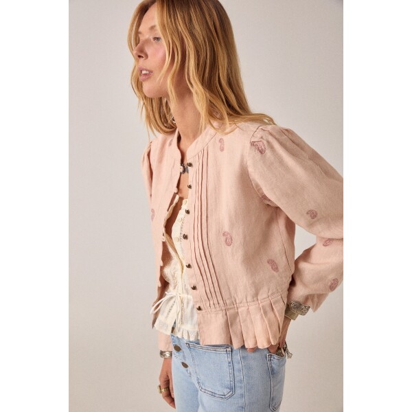 Blush cotton linen jacket pleated hem detail close up