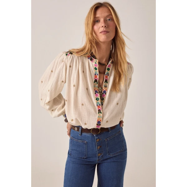 Maison Hotel Cleo blouse off white embroidered neckline front view