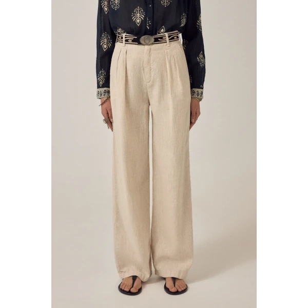 Sand linen blend trousers high waist tailored wide leg fit