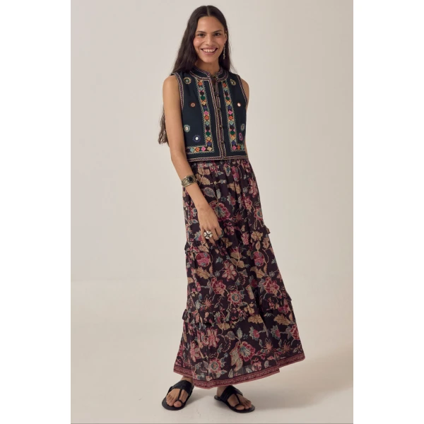 Maison Hotel Artemisa vest floral embroidery black boho waistcoat worn with the Lea tiered skirt