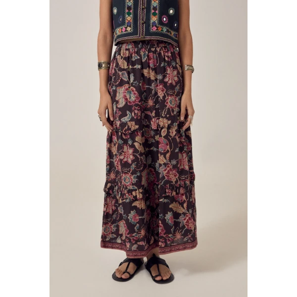 Maison Hotel Lea skirt black paisley floral tiered maxi skirt front view
