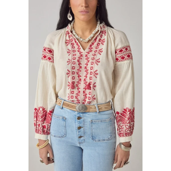 Maison Hotel Antonella blouse red cranberry embroidery front view