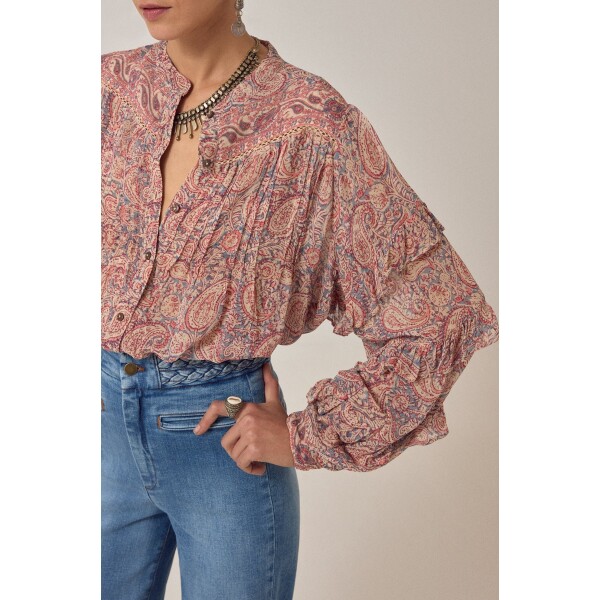 Boho viscose blouse soft pink blue paisley print