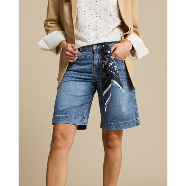 Red Button Kate Bermuda Shorts with Scarf Tie in stone washed denim styled with blazer