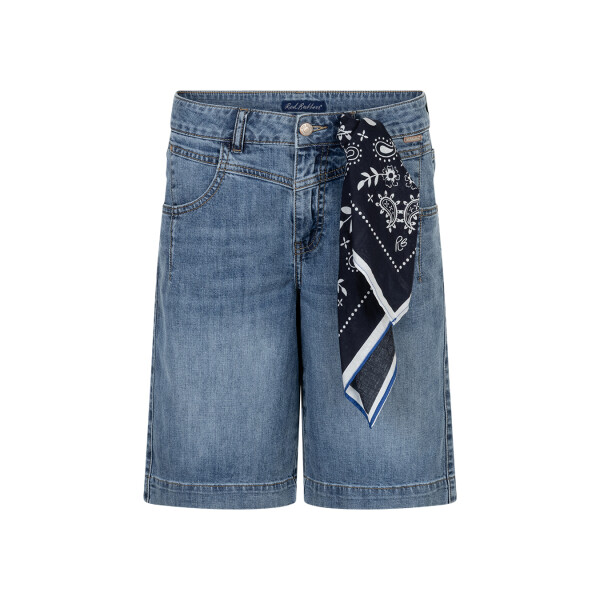 Front view of Red Button Kate Bermuda denim Bermuda shorts with navy scarf tie
